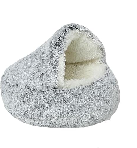 Cmeilau Neue winterweiche, Lange Plüsch-Rundkatzenhütte, Hundehütte, halbgeschlossenes Haustier-Plüschbett, beruhigende, Flauschige Haustier-Katzenhöhlen für den Innenbereich (50cm, Grey,Long Plush) von Cmeilau