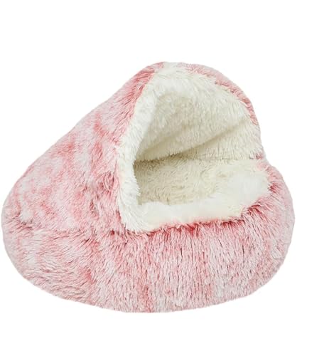 Cmeilau Neue winterweiche, Lange Plüsch-Rundkatzenhütte, Hundehütte, halbgeschlossenes Haustier-Plüschbett, beruhigende, Flauschige Haustier-Katzenhöhlen für den Innenbereich (50cm, Pink,Long Plush) von Cmeilau