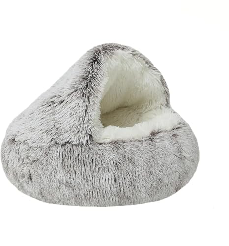 Neue winterweiche, lange Plüsch-Rundkatzenhütte, Hundehütte, halbgeschlossenes Haustier-Plüschbett, beruhigende, flauschige Haustier-Katzenhöhlen für den Innenbereich (40cm, Coffee,Long plush) von Cmeilau