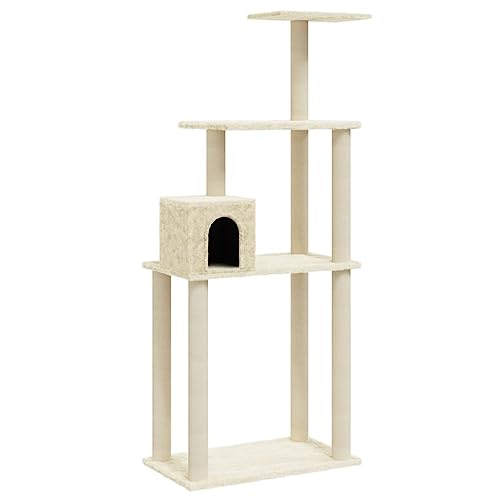Coavain Kratzbaum mit Sisal-Kratzsäulen Creme 74x35x147 cm Holz&Plüsch Aktivitätskratzbäume Indoor Tätigkeitsbereich für Haustiere für Katzen zum Kratzen, Klettern, Sitzen, Verstecken von Coavain