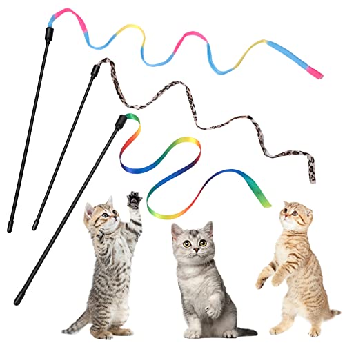 Cobee 3 Packungen Katzen Zauberstab Spielzeug Set, 30 cm Interaktiver Katzen Zauberstab mit 60 cm Regenbogenbandschnur + Regenbogen Stoffschnur + Leopardenmuster Stoffschnur von Cobee