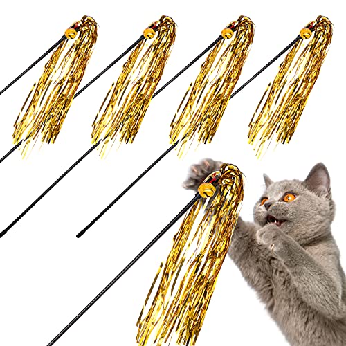 Cobee Interaktives Zauberstab Spielzeug für Katzen, 5 Stück Kätzchen Spielzeug Zauberstab mit Glöckchen und Klangpapier für Indoor Charme Teaser, buntes Band, Trainingstrainer und Kätzchenfänger von Cobee