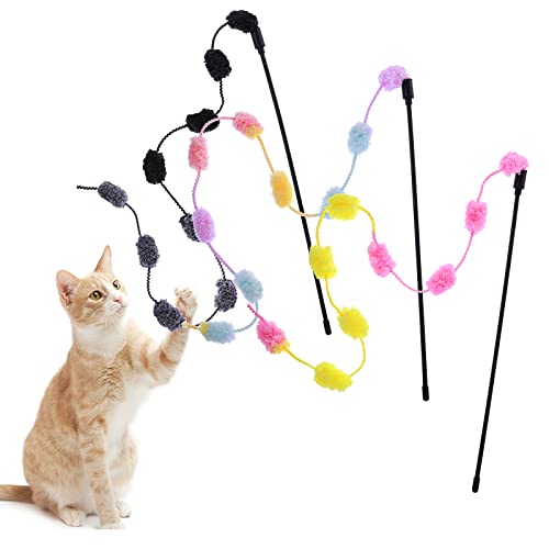 Cobee Katzenschnur Spielzeug, 3er Pack Interaktives Katzen Teaser Zauberstab Schnur Spielzeug Buntes Band Charmer mit pelzigen Plüschbällen für Kätzchen Stick Katzenspielzeug für drinnen von Cobee