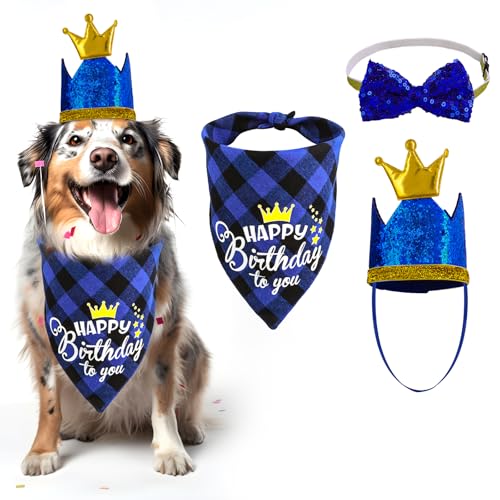 Coobe Hundegeburtstags Bandana Hut Fliege Set, 3 teiliges Hundegeburtstags Party Zubehör Hundekariertes Bandana Bling Kronen Hut Glitzer Fliege Halsband für kleine mittelgroße Hunde von Cobee