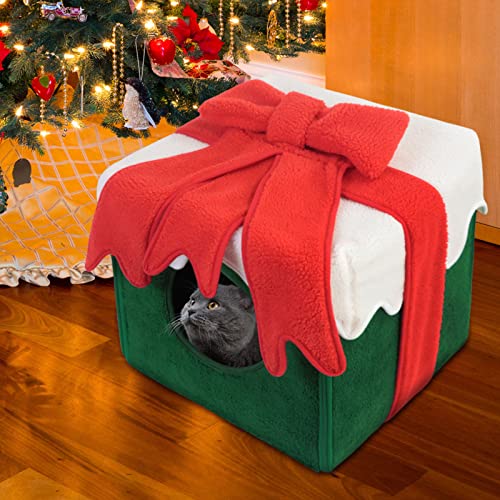 Schachtelform Katzennest, Katzenhöhlenbett Katzenhaus Katzenzelt, weiche und selbstwärmende Kätzchenbetten,Weihnachtskatzenbett für Hauskatzen Haustier (Grün) von Cockjun