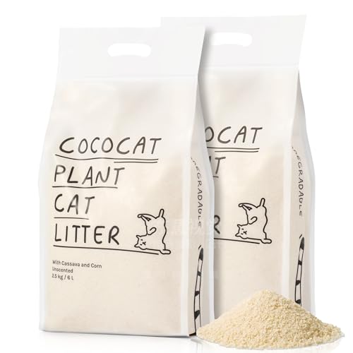 Cococat Maniok-Katzenstreu – Hergestellt für automatische Katzentoiletten (2 x 2,5 kg/6 l Beutel), stark klumpend, geruchlos für hervorragende Geruchskontrolle, staubfrei, einfaches Schaufeln von Cococat
