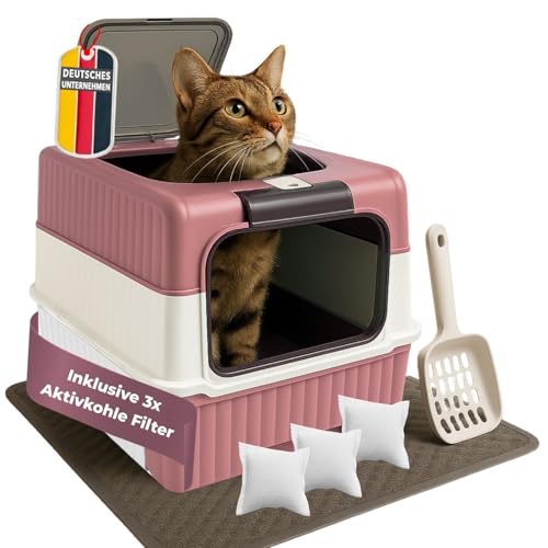 Katzentoilette mit Deckel Rosa, geruchsbindende Aktivkohlefilter, Katzenklo mit Schublade + Schaufel für einfache Reinigung, schwenkbare Pendeltür, für Katzen und Kleintiere, wie Kaninchen von Coemo