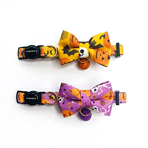 Cognatio Katzenhalsbänder mit abnehmbarer Fliege und Glöckchen, Sicherheits-Schnellverschluss-Halsbänder, verstellbar 20–30 cm (20–30 cm, Halloween, Lila + Orange), 2 Stück von Cognatio