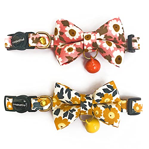 Cognatio Katzenhalsbänder mit Schnellentriegelung, weiches Katzenhalsband mit Abnehmbarer Fliege und Glocke, 2 Stück, verstellbar 20-30 cm, Rosa+Orange von Cognatio