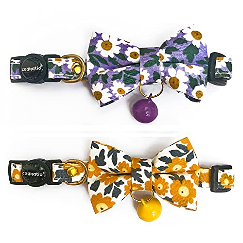 Cognatio Katzenhalsbänder mit Schnellentriegelung, weiches Katzenhalsband mit Abnehmbarer Fliege und Glocke, 2 Stück, verstellbar 20-30 cm, orange + lila von Cognatio