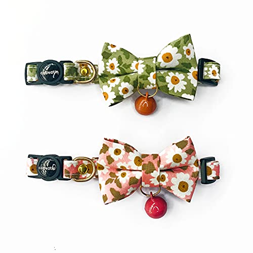 Cognatio Katzenhalsbänder mit Schnellentriegelung, weiches Katzenhalsband mit Abnehmbarer Fliege und Glocke, 2 Stück, verstellbar 20-30 cm (Grün+Rosa) von Cognatio
