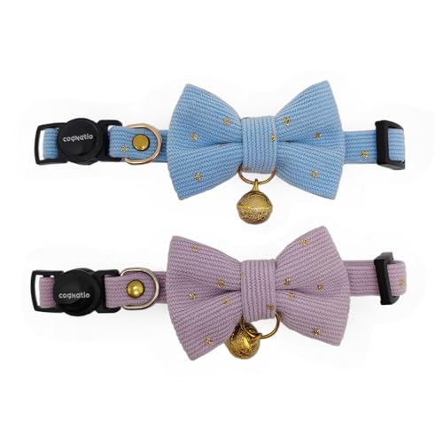 Cognatio Sicherheits-Katzenhalsband mit Schnellverschluss, weiches Kätzchenhalsband mit abnehmbarer Fliege und Glöckchen, 2 Stück, verstellbar 20–30 cm (Lavendel + Himmelblau, 20–30 cm) von Cognatio