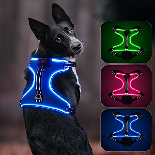 Leuchtendes Hundegeschirr, Colaseeme Anti Zug Hundegeschirr mit Reflexstreifen und Kontrolle Verstellbar Geschirr, LED Hundegeschirr Wieder, aufladbares Beleuchtetes Hundegeschirr, Blau XL von Colaseeme