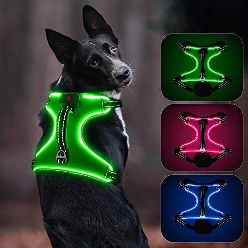 Leuchtendes Hundegeschirr, Colaseeme Anti Zug Hundegeschirr mit Reflexstreifen und Kontrolle Verstellbar Geschirr, LED Hundegeschirr Wieder, aufladbares Beleuchtetes Hundegeschirr, Grün M von Colaseeme