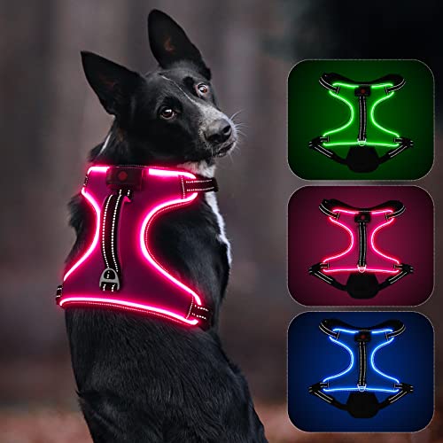 Leuchtendes Hundegeschirr, Colaseeme Anti Zug Hundegeschirr mit Reflexstreifen und Kontrolle Verstellbar Geschirr, LED Hundegeschirr Wieder, aufladbares Beleuchtetes Hundegeschirr, Rosa M von Colaseeme