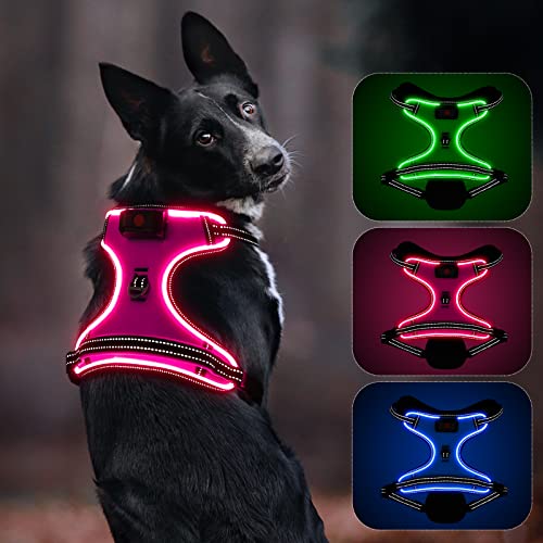 Leuchtendes Hundegeschirr, Colaseeme Anti Zug Hundegeschirr mit Reflexstreifen und Kontrolle Verstellbar Geschirr, LED Hundegeschirr Wieder, aufladbares Beleuchtetes Hundegeschirr, Rosa S von Colaseeme
