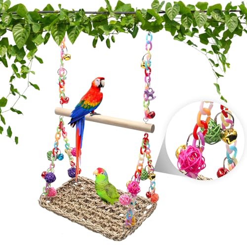 Vogelschaukel Spielzeug Coldairsoap Seegras Gewebt Papagei Plattform Vogel Klettern Hängende Hängematte für Lovebird, Nymphensittiche, Wellensittiche, Sittiche, Vogelstange Ständer Kauspielzeug (1M) von Coldairsoap