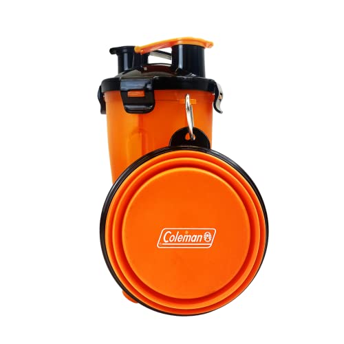 Coleman 3-in-1 Reiseflasche für Futter und Wasser mit zwei Silikon-Näpfen für Katzen und Hunde, 340 ml, Orange von Coleman