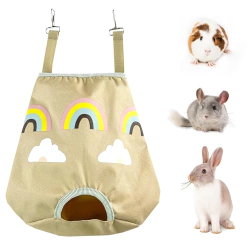 Hängender Heufutterbeutel für Kaninchen und Meerschweinchen - Regenbogenwolken-Design, platzsparender Heuhalter für kleine Haustiere für Hamster, Chinchillas, Igel (Alfalfa-Heu) von Colenumone
