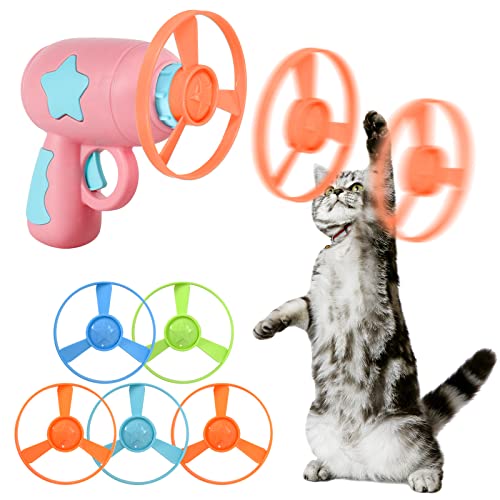 Cat Fetch Toy, Haustier Spielzeug Bunte Fliegende Propeller Disc Katzenspielzeug Chasing Untertasse mit 1 Launchers und 5 Propellers Zufällige Farbe für Interactive, Training, Jagen, Schlagen (Rosa) von Colexy