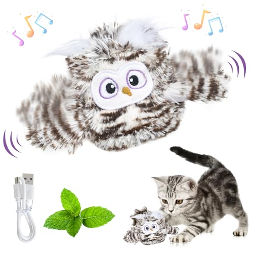 Katzenspielzeug- Interaktives Plüsch Katzenspielzeug Eule mit Wiederaufladbaren Funktionen, 3 Vibrationsmodi und lebensechte Tiergeräusche, ideal zur Verhinderung von Langeweile bei Ihrer Katze von Colexy