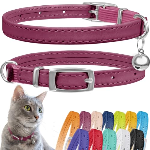 CollarDirect Leder Katzenhalsband, Sicherheitshalsband für Katzen mit elastischem Gurt, Kätzchen Band mit Glocke, Schwarz Blau Rot Orange Grün Rosa von CollarDirect