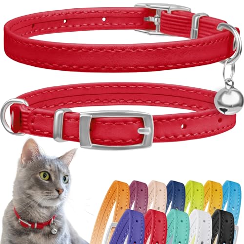 CollarDirect Leder Katzenhalsband mit Sicherheitsverschluss und Glocke 21,5 cm Rot von CollarDirect