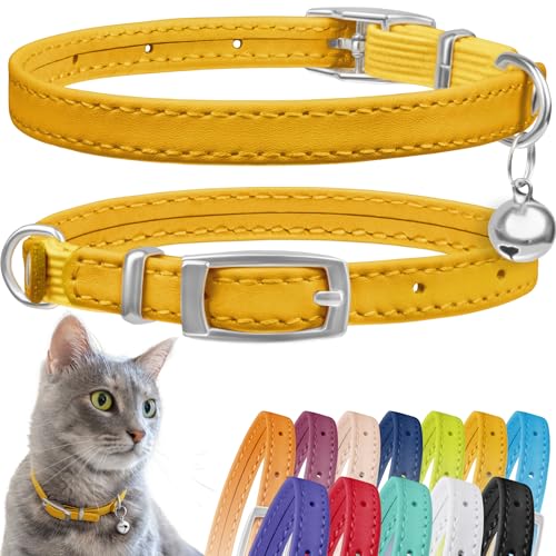 CollarDirect Leder Katzenhalsband mit Sicherheitsverschluss 21,5 cm Gelb, Elastischer Gurt und Glocke für Kleine Katzen von CollarDirect