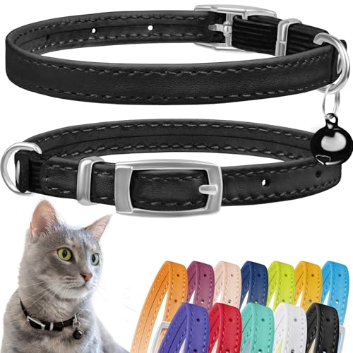 CollarDirect Leder Katzenhalsband mit Sicherheitsverschluss 21,5 cm Schwarz, Elastischer Gurt und Glocke für Kleine Katzen von CollarDirect
