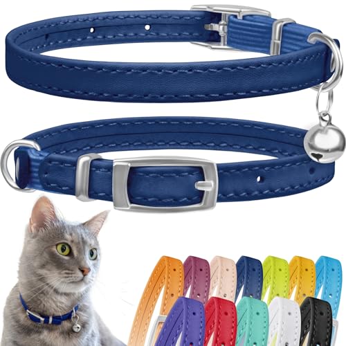 CollarDirect Leder Katzenhalsband mit Sicherheitsverschluss und Glocke, 21,5 cm, Marineblau von CollarDirect