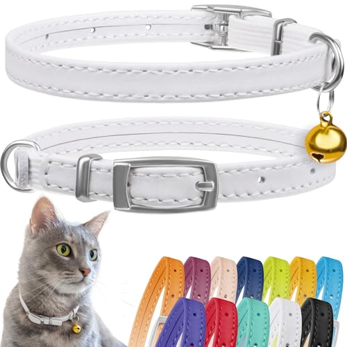 CollarDirect Leder Katzenhalsband mit Sicherheitsverschluss und Glocke 21,5 cm Weiß von CollarDirect