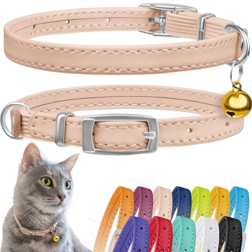 CollarDirect Leder Katzenhalsband mit Sicherheitsverschluss und Glocke 21,5 cm Beige von CollarDirect