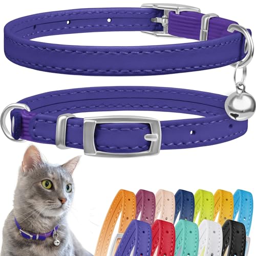 CollarDirect Leder Katzenhalsband, Sicherheitshalsband für Katzen mit elastischem Gurt, Kätzchen Band mit Glocke (Violett, 15-18 cm) von CollarDirect