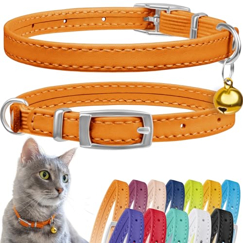 CollarDirect Leder Katzenhalsband mit Sicherheitsverschluss 21,5 cm Orange, Elastischer Gurt und Glocke für Kleine Katzen von CollarDirect