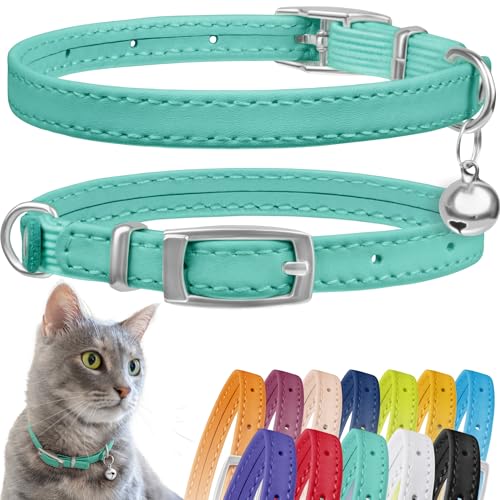 CollarDirect Leder Katzenhalsband mit Sicherheitsverschluss und Glocke 21,5 cm Mintgrün von CollarDirect