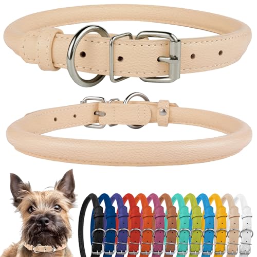 CollarDirect Hundehalsband aus gerolltem Leder, weich gepolstertes rundes Welpenhalsband, handgefertigtes echtes Lederhalsband für kleine und große Katzenhalsbänder, (7-8 Zoll, Beige Strukturiert) von CollarDirect