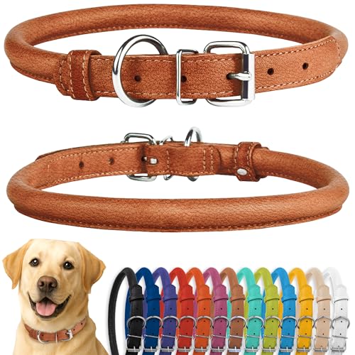 CollarDirect Rundes Leder Hundehalsband, weich gepolstert gerollt, handgefertigtes Echtleder Halsband für Hund Welpe Katze Klein Groß Schwarz Rosa Rot Lila Blau von CollarDirect