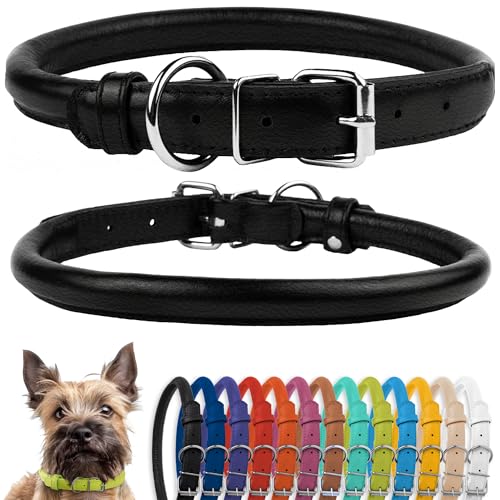 CollarDirect Rundes Leder Hundehalsband, weich gepolstert gerollt, handgefertigtes Echtleder Halsband für Hund Welpe Katze Klein Groß Schwarz Rosa Rot Lila Blau von CollarDirect