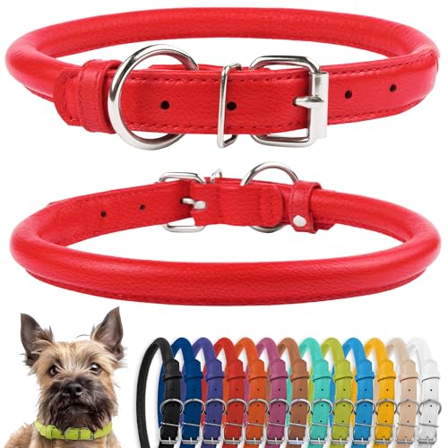 CollarDirect Rundes Leder Hundehalsband, weich gepolstert gerollt, handgefertigtes Echtleder Halsband für Hund Welpe Katze Klein Groß Schwarz Rosa Rot Lila Blau von CollarDirect