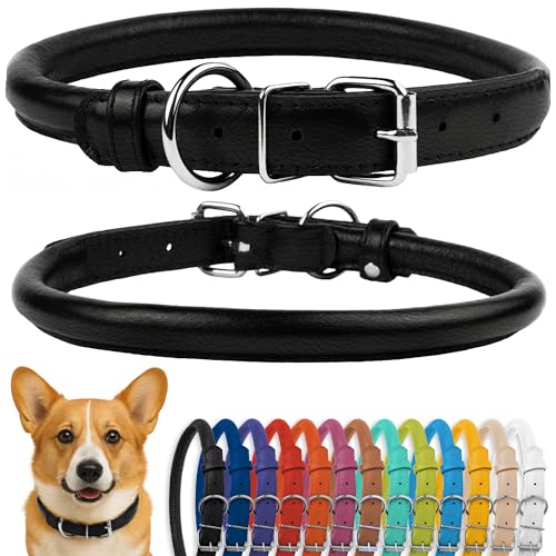 CollarDirect Rundes Leder Hundehalsband, weich gepolstert gerollt, handgefertigtes Echtleder Halsband für Hund Welpe Katze Klein Groß Schwarz Rosa Rot Lila Blau von CollarDirect