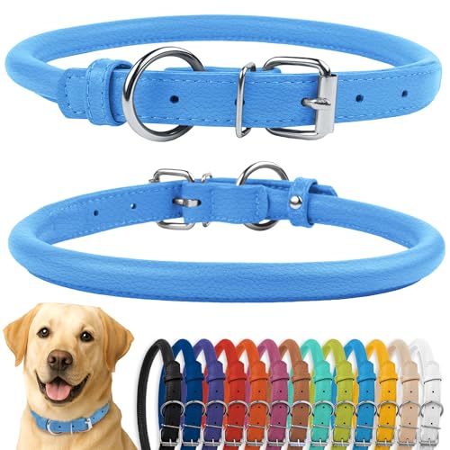 CollarDirect Rundes Leder Hundehalsband, weich gepolstert gerollt, handgefertigtes Echtleder Halsband für Hund Welpe Katze Klein Groß Schwarz Rosa Rot Lila Blau von CollarDirect