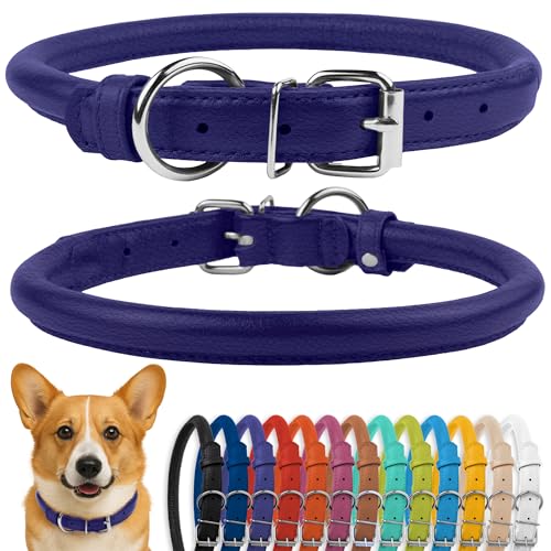 CollarDirect Rundes Leder Hundehalsband, weich gepolstert gerollt, handgefertigtes Echtleder Halsband für Hund Welpe Katze Klein Groß Schwarz Rosa Rot Lila Blau von CollarDirect