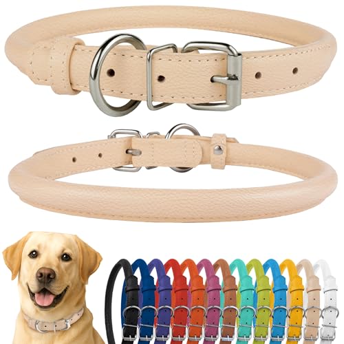 CollarDirect Rundes Leder Hundehalsband, weich gepolstert gerollt, handgefertigtes Echtleder Halsband für Hund Welpe Katze Klein Groß Schwarz Rosa Rot Lila Blau von CollarDirect