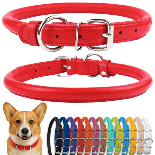 CollarDirect Rundes Leder Hundehalsband, weich gepolstert gerollt, handgefertigtes Echtleder Halsband für Hund Welpe Katze Klein Groß Schwarz Rosa Rot Lila Blau von CollarDirect