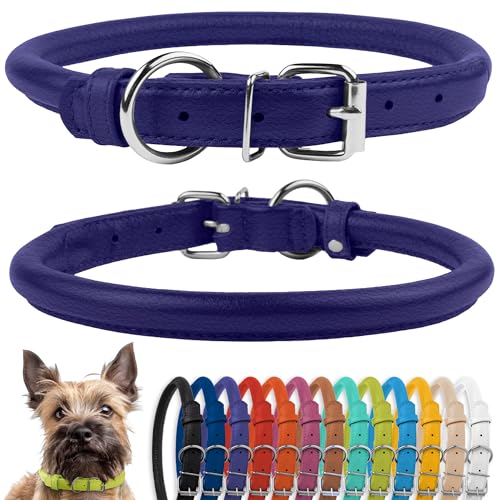 CollarDirect Rundes Leder Hundehalsband, weich gepolstert gerollt, handgefertigtes Echtleder Halsband für Hund Welpe Katze Klein Groß Schwarz Rosa Rot Lila Blau von CollarDirect