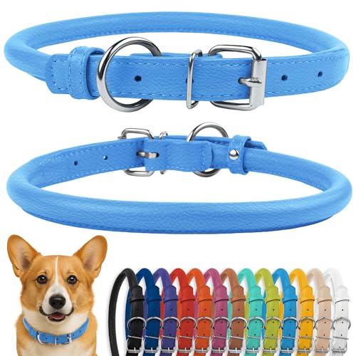 CollarDirect Rundes Leder Hundehalsband, weich gepolstert gerollt, handgefertigtes Echtleder Halsband für Hund Welpe Katze Klein Groß Schwarz Rosa Rot Lila Blau von CollarDirect