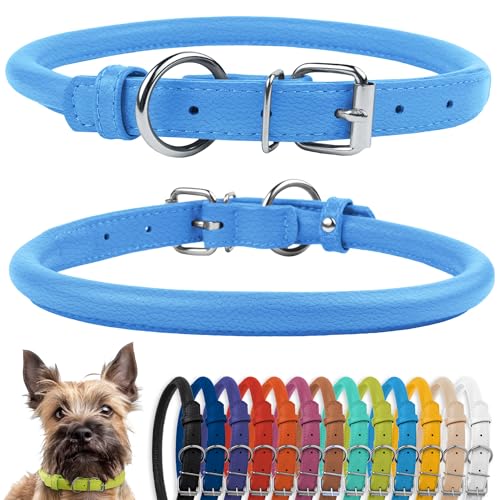 CollarDirect Rundes Leder Hundehalsband, weich gepolstert gerollt, handgefertigtes Echtleder Halsband für Hund Welpe Katze Klein Groß Schwarz Rosa Rot Lila Blau von CollarDirect