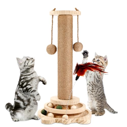 Interaktives Katzenspielzeug aus Holz Roller, 4 in 1, Doppelschicht Drehtisch hölzerner Katzenkratzbaum, Sisalseil für Katzenbäume mit hängenden Bällen, geeignet für kleine bis mittelgroße Katzen von Collazoey