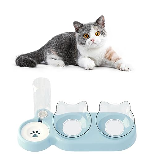 Katze Futternapf, Futternapf, Katzennäpfe, Katzennapf-Set, Katze Fressnapf mit Wasserspender Katze, Automatische Wasserflasche, Abnehmbarer Futternapf für Katzen und Hunde (Blau) von Colrid