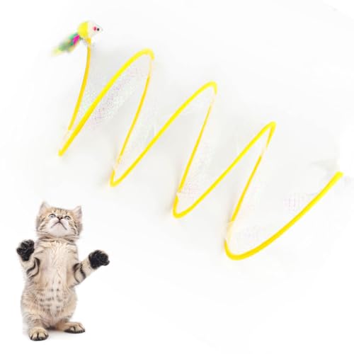 Self-Play Cat Hunting Spiral Tunnel Toy, Spirale Katzentunnel Spielzeug, S Katzen Tunnel Mit Federn und Plüsch Maus Spielzeug, Faltbar Katzentunnel Katzenspielzeug (Gelb) von ComedyKing